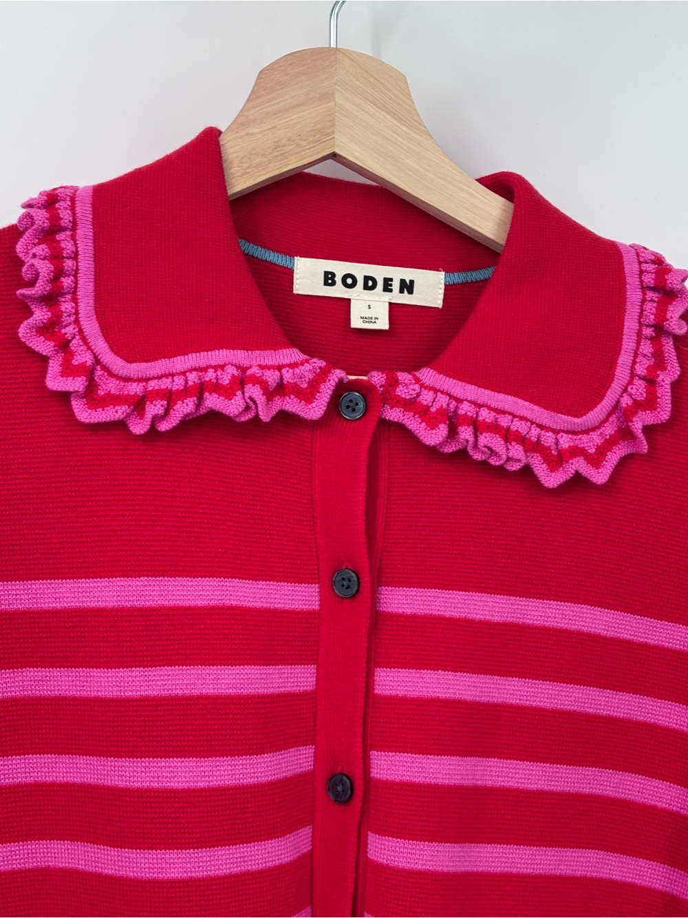 BODEN Jessie striped ruffled frill collared cardigan pink red size Small - Picture 5 of 12